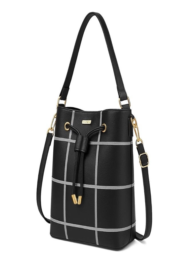 TYPIFY Women's 2-in-1 Bucket Bag and Sling Bag Combo Set, Grid Pattern, Lightweight Shoulder Tote Handbag, Trending Large Drawstring Latherette Office College Bag Set. Gift for Her (Black & Grey) - Image 3